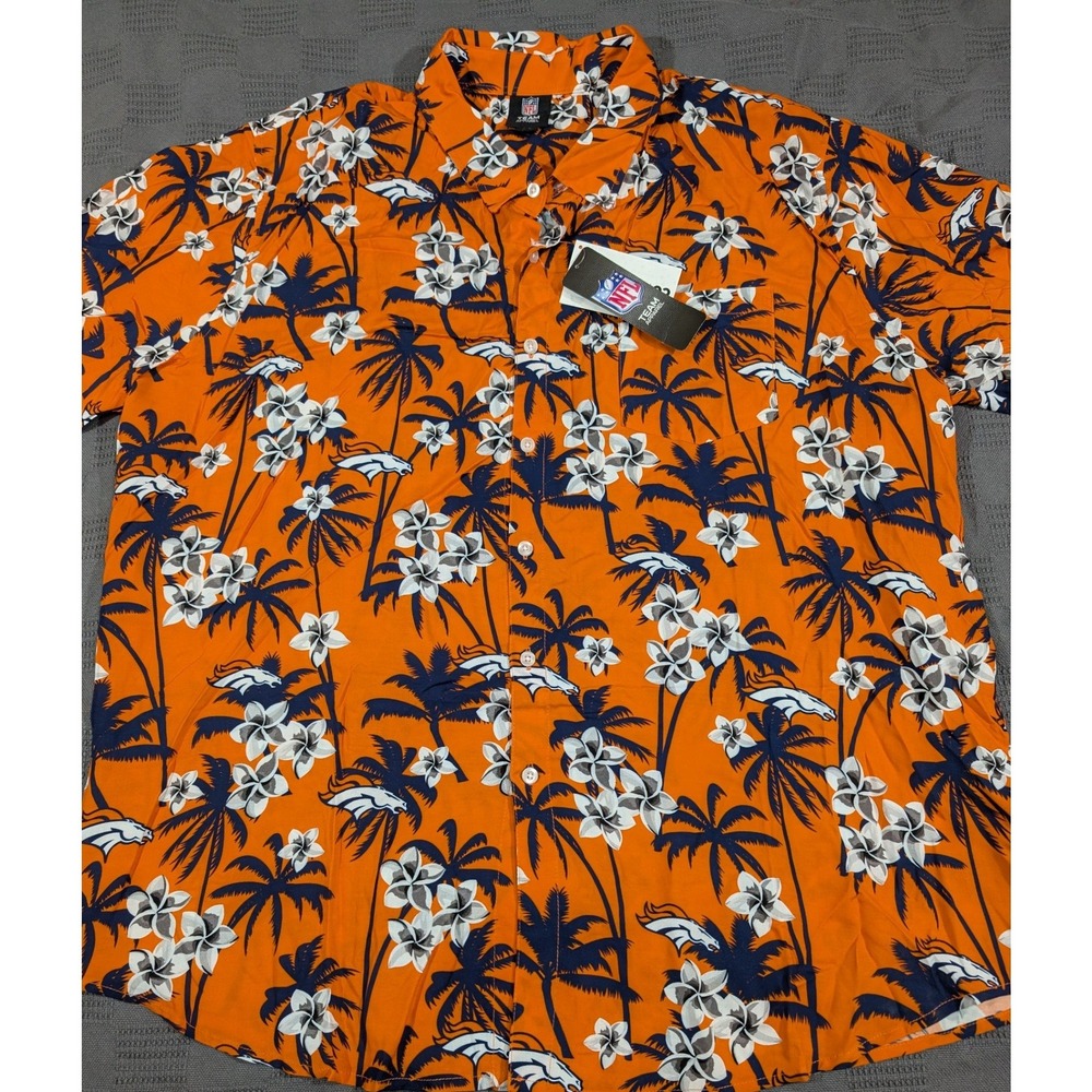 NFL Denver Broncos Hawaiian Shirt Mens 2XL Orange Tropical Floral Button Up NWT - Picture 1 of 11